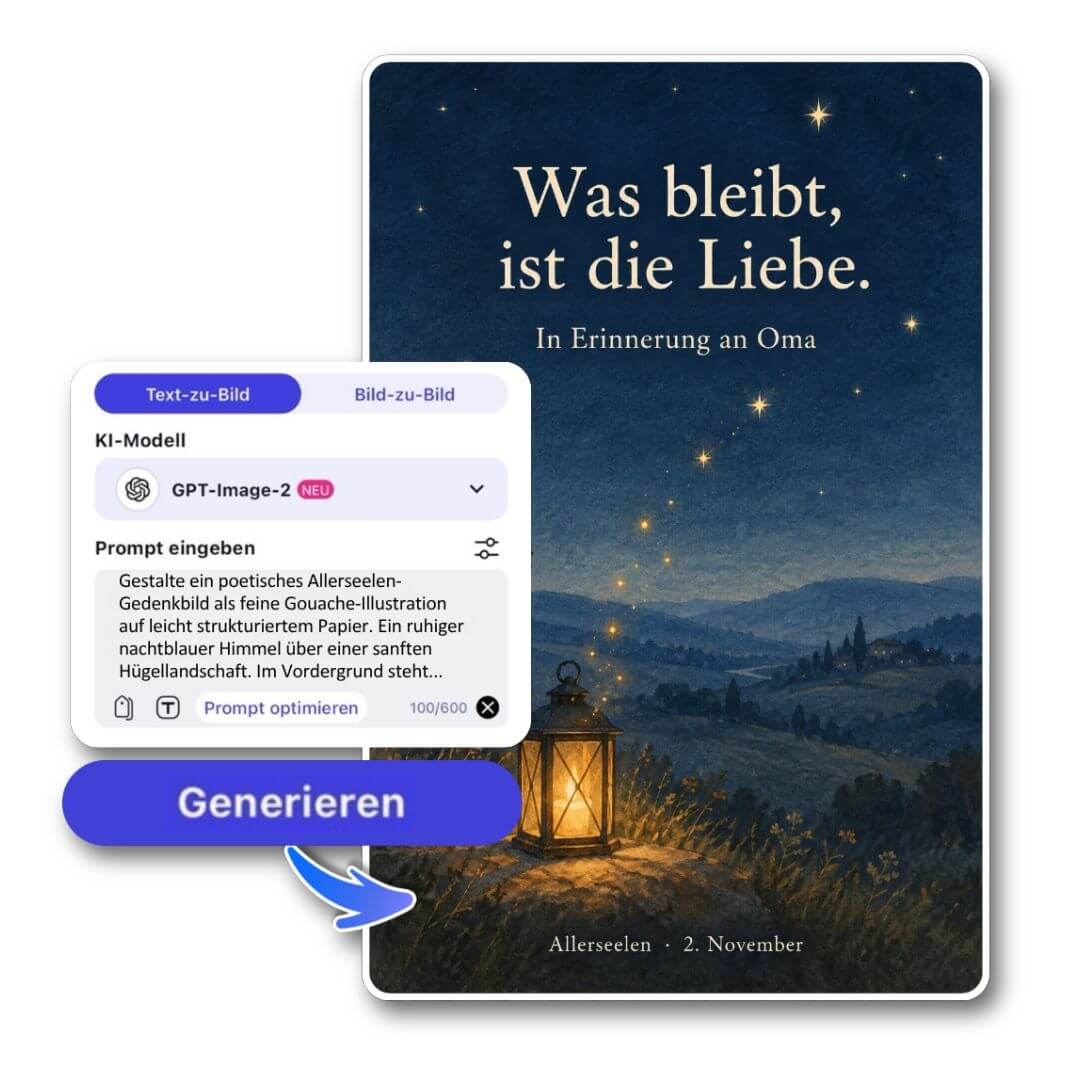 YouCam AI Pro mit Prompt-Eingabe und „Generieren“-Button neben einem Allerseelen-Bild mit Laterne, Sternenhimmel und dem Text „Was bleibt, ist die Liebe. In Erinnerung an Oma“.