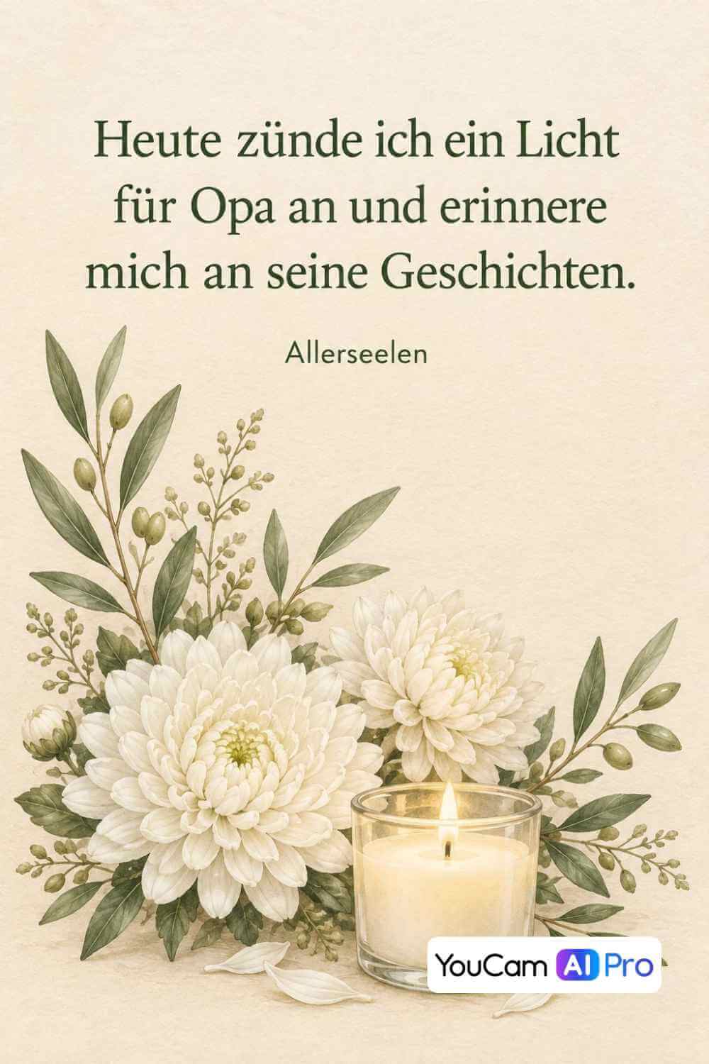 Allerseelen-Gedenkbild mit Kerze und weißen Chrysanthemen, mit Text „Heute zünde ich ein Licht für Opa an und erinnere mich an seine Geschichten“.