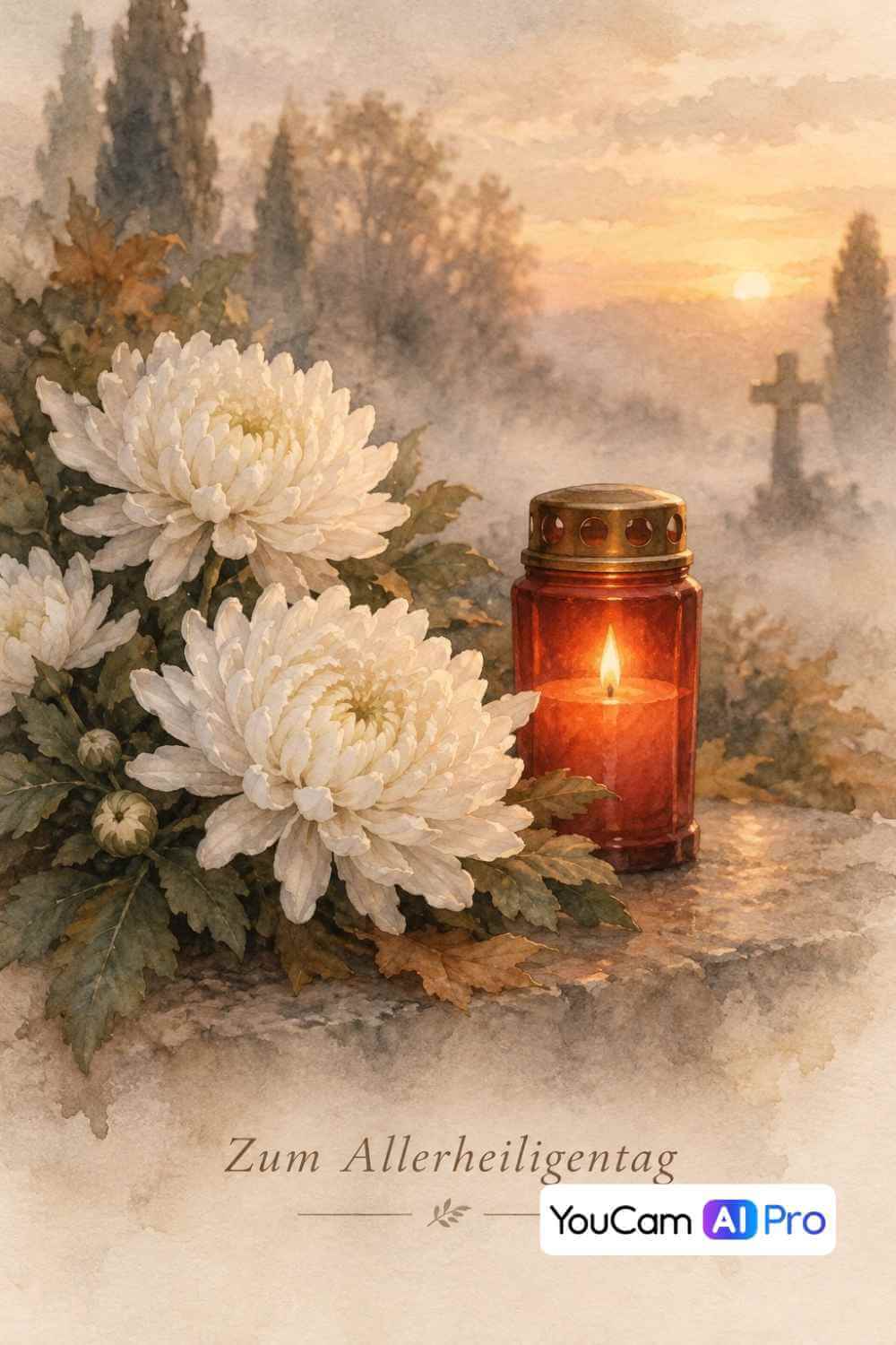 Aquarell mit roter Grabkerze und weißen Chrysanthemen vor einem nebligen Friedhof, mit Schriftzug „Zum Allerheiligentag“