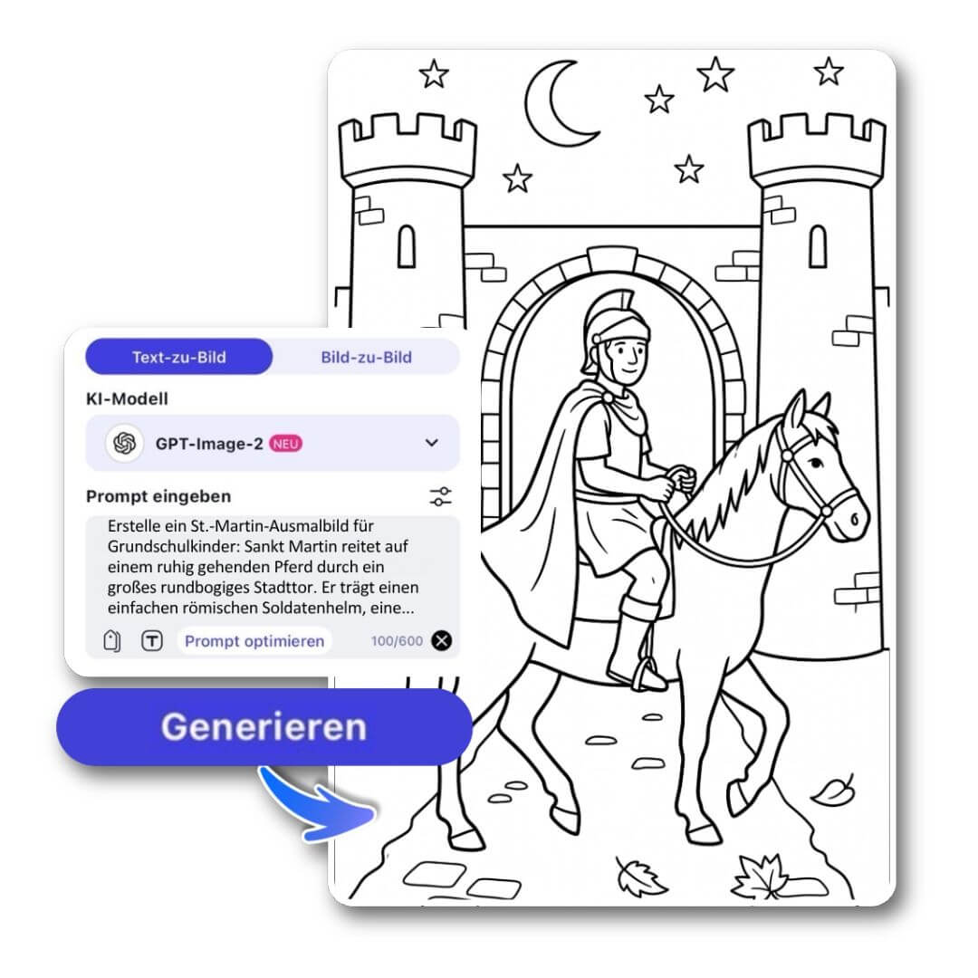 YouCam AI Pro mit Prompt-Eingabe und „Generieren“-Button neben einem Ausmalbild von Sankt Martin auf dem Pferd vor einem Stadttor.