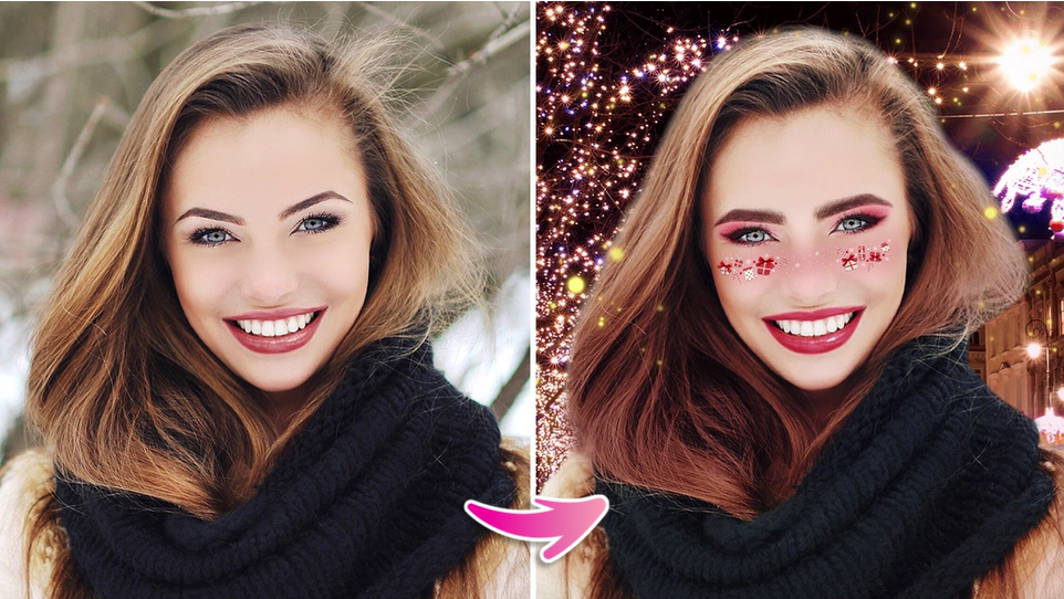 Foto de mulher antes e depois com fundo e filtro de natal
