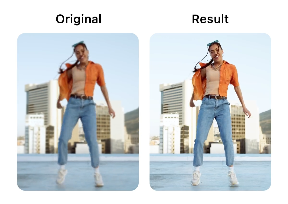 Vorher-Nachher-Ansicht eines optimierten Videos. Eine tanzende Frau mit orangefarbener Bluse und blauer Jeans auf einem Dach mit Stadtblick. Links verschwommene Aufnahme, rechts klarere und detailreiche Version nach der Videoverbesserung.