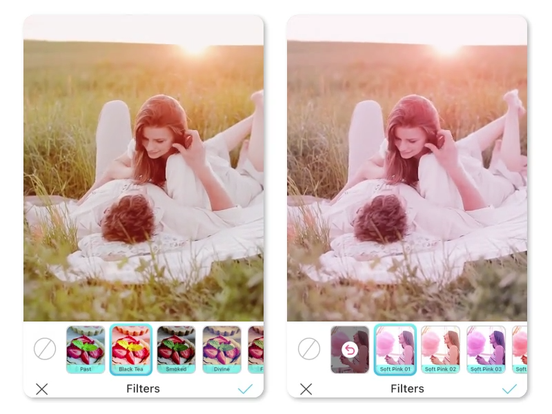 Ein verliebtes Paar liegt auf einer Decke in einer sonnigen Wiese. Links die unbearbeitete Version, rechts mit einem sanften Romantik-Filter bearbeitet.