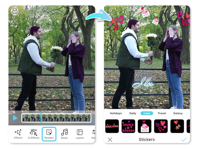 Ein Mann hält seiner überraschten Partnerin einen Blumenstrauß hin. Links das Originalbild, rechts mit romantischen Stickern wie Herzen und Briefen verschönert.