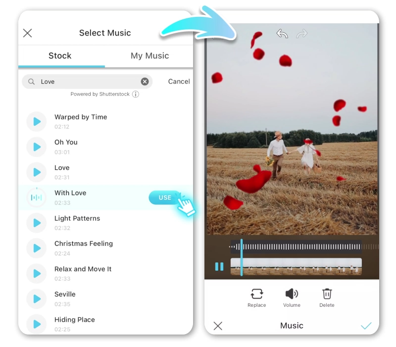 Auswahlbildschirm für Musik in der YouCam Video App. Rechts ein verliebtes Paar, das durch ein goldenes Feld läuft, mit romantischer Musik unterlegt.