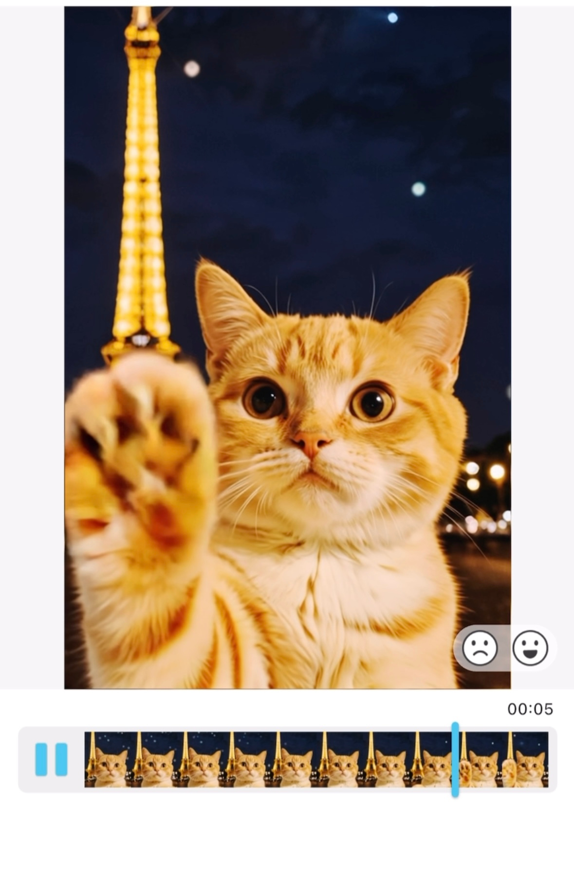 Winkende Katze in Paris mit der Bild-zu-Video KI erstellt.