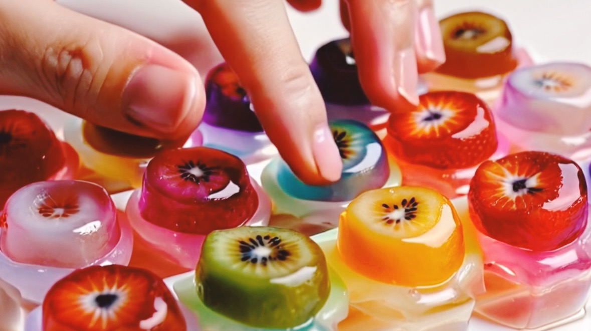 An AI-generated ASMR video showing fingers typing on a keyboard made of squishy jelly cubes.