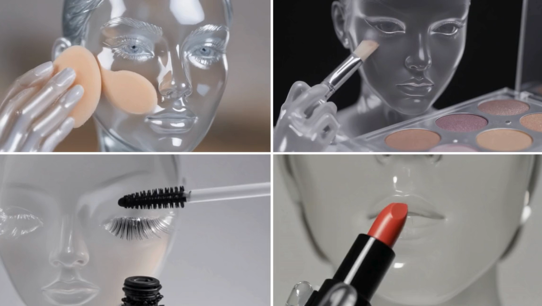 A collage of AI-generated glass makeup visuals showing a transparent mannequin face applying foundation, eyeshadow, mascara, and lipstick in a hyper-realistic style.