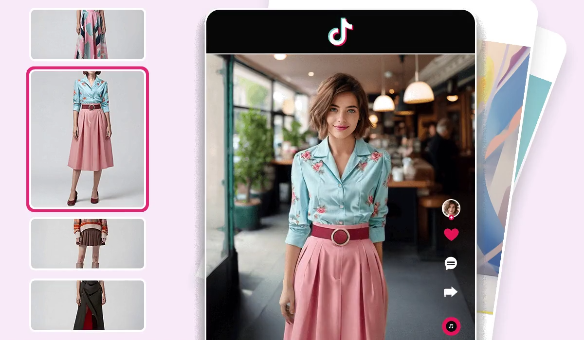 AI Outfit Generator showing woman in casual white outfit with social media-like interface