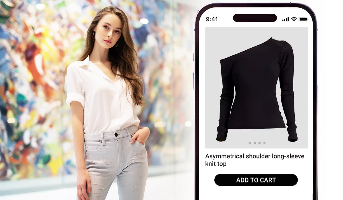 Side-by-side comparison of real model in green suit and matching virtual outfit generator displayed on mobile phone screen