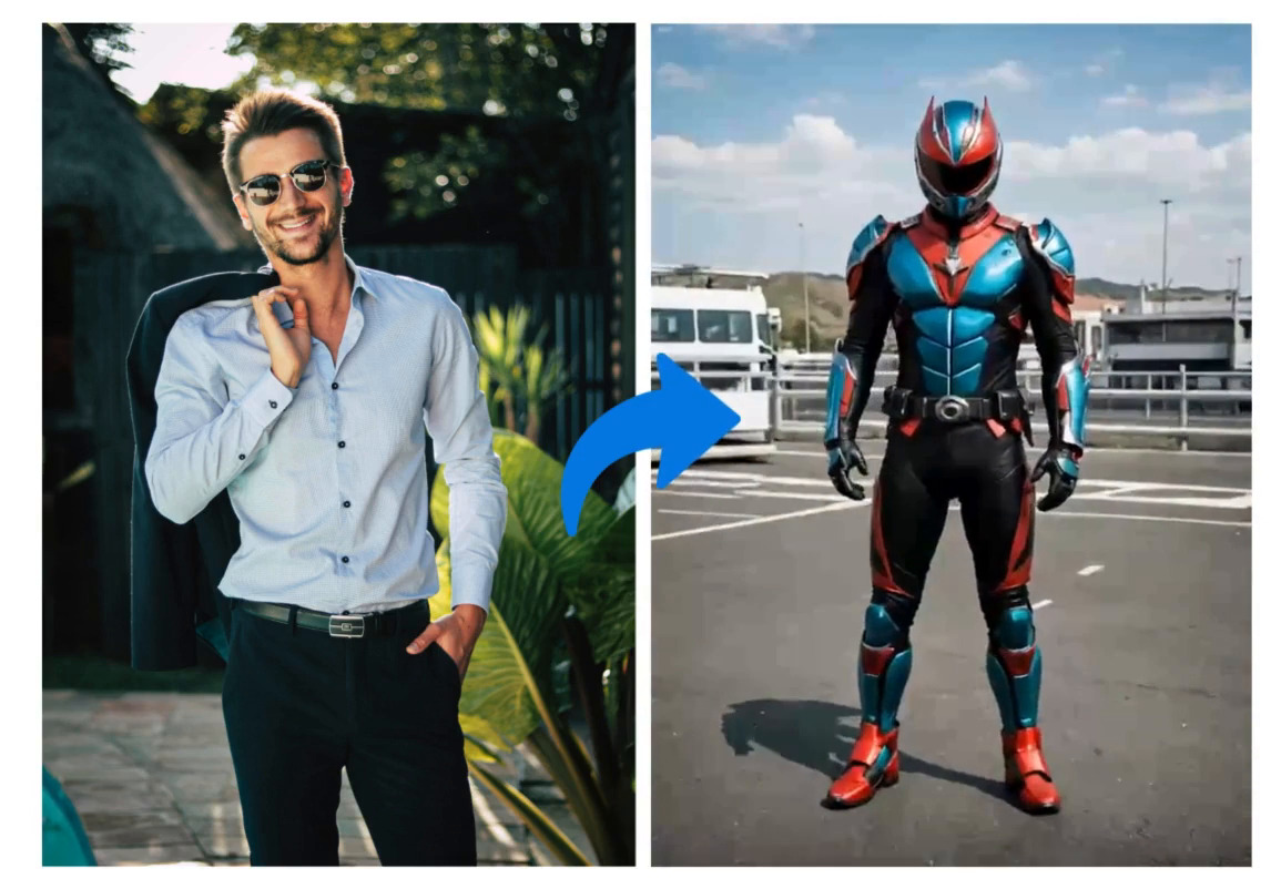 Demo video of turning a portrait photo into a Kamen Rider Transformation video