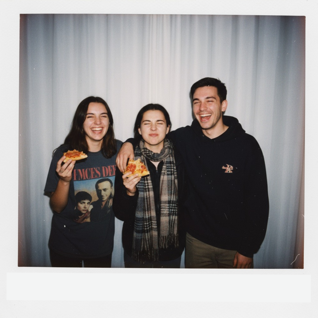 Foto retro estilo Polaroid con amigos abrazándose en versión IA