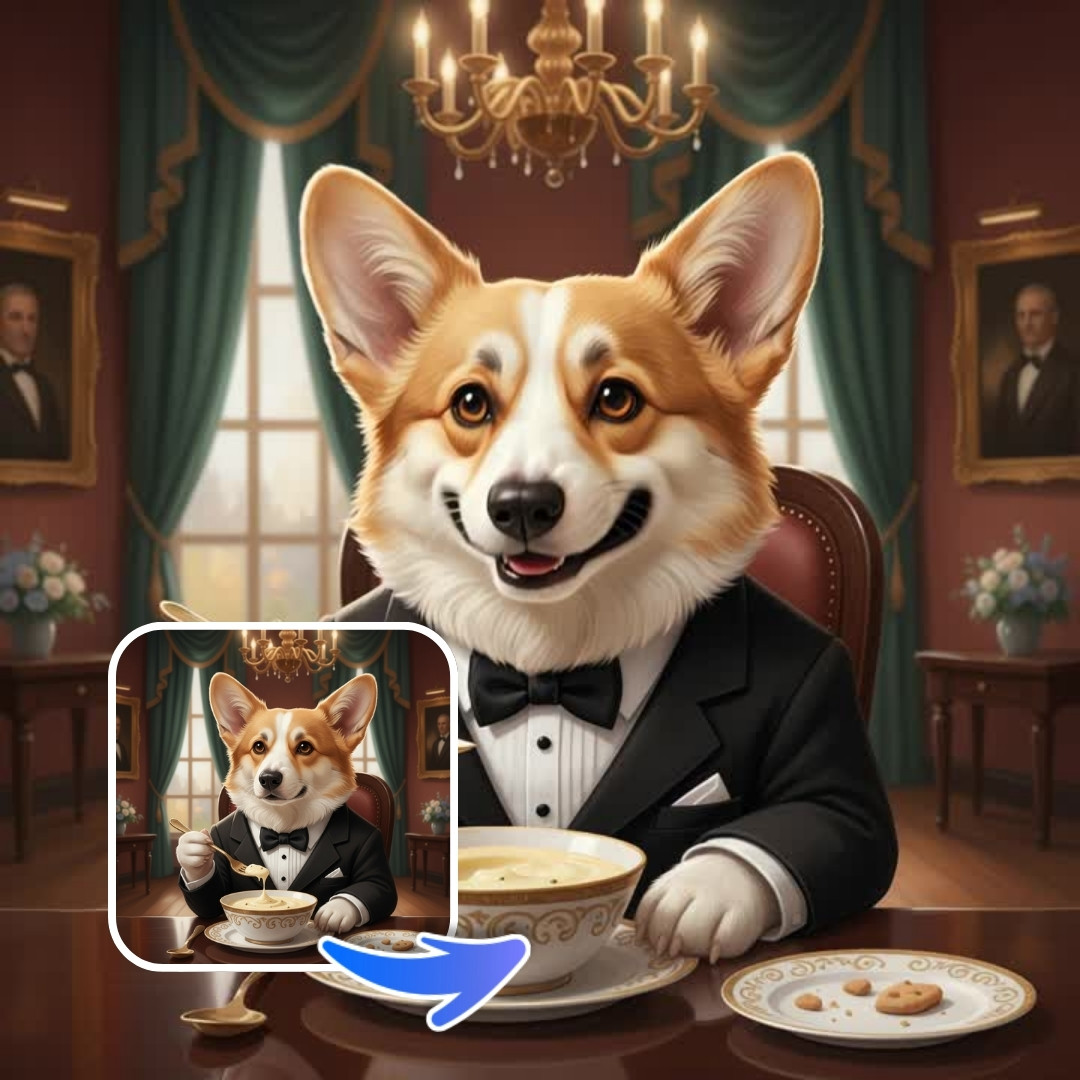 Ein Corgi im Smoking isst elegant Vanillepudding mit einer goldenen Gabel.