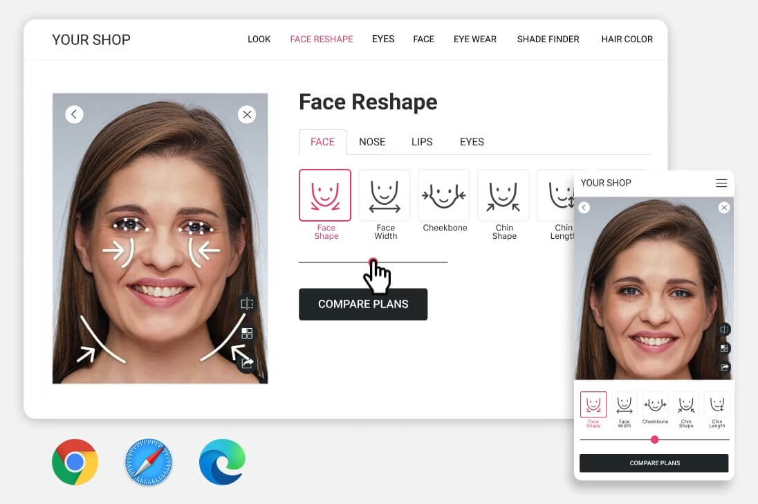 Aplicación móvil mostrando antes y después de bichectomía virtual