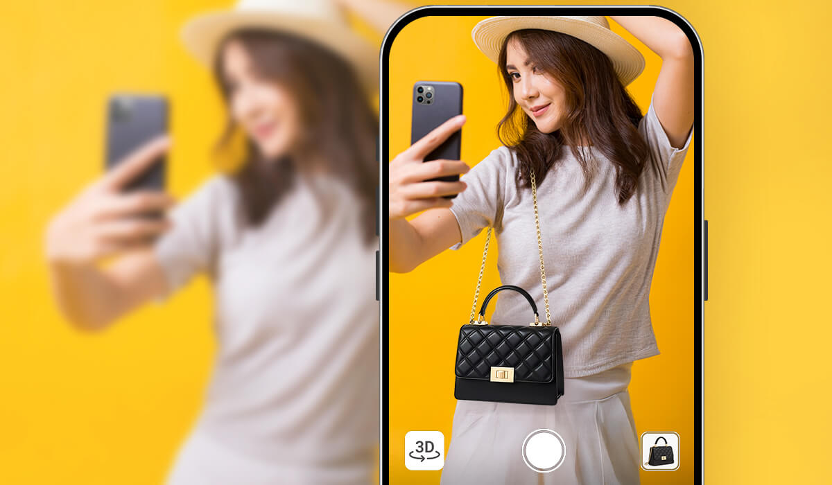 Woman trying on handbag in augmented reality using AR Bags try-on