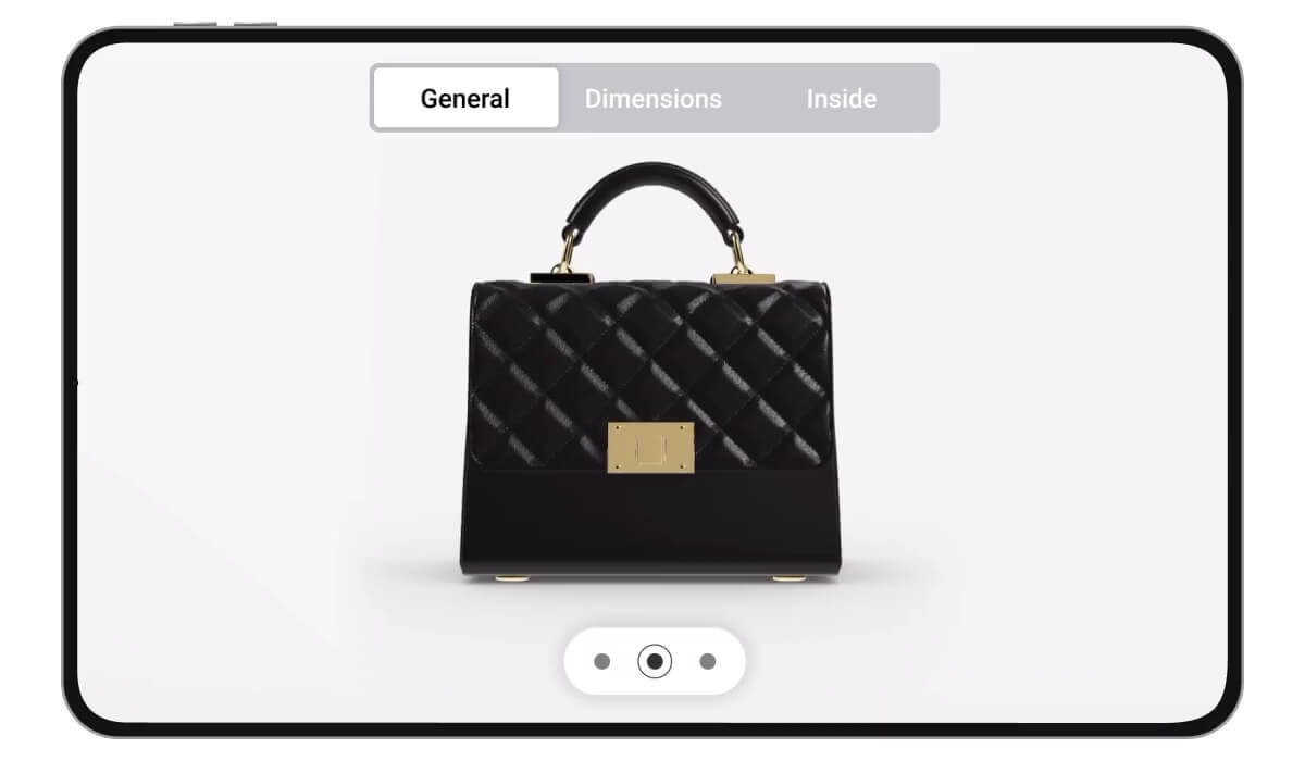 3D Viewer displaying accurate handbag dimensions in augmented reality