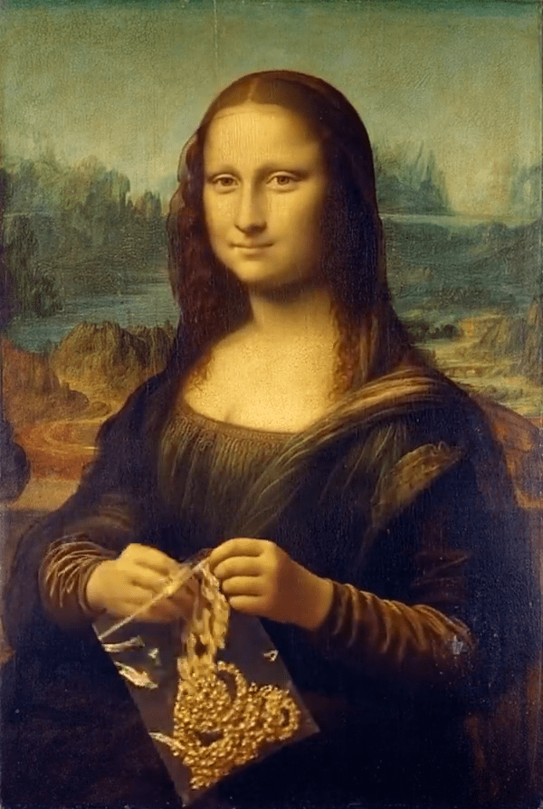 A meme about the Louvre heist created with the YouCam Online Editor, showing the Mona Lisa with the stolen jewels.