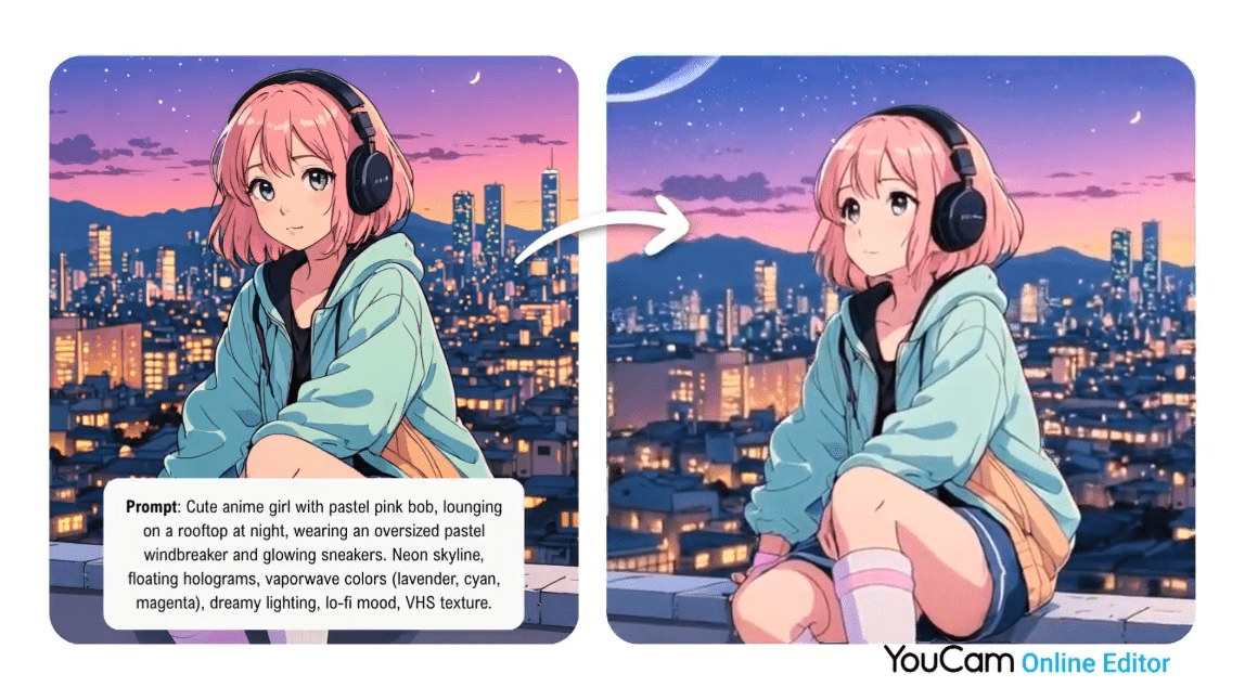 AI Anime Girl hört Musik vor einer bei Nach beleuchteten Stadt,