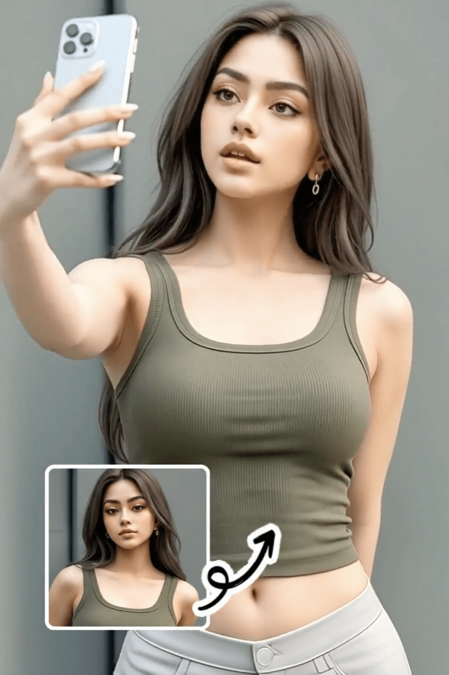 KI-Influencerin mit dunklen Haaren und grünem Tanktop macht ein Selfie von sich