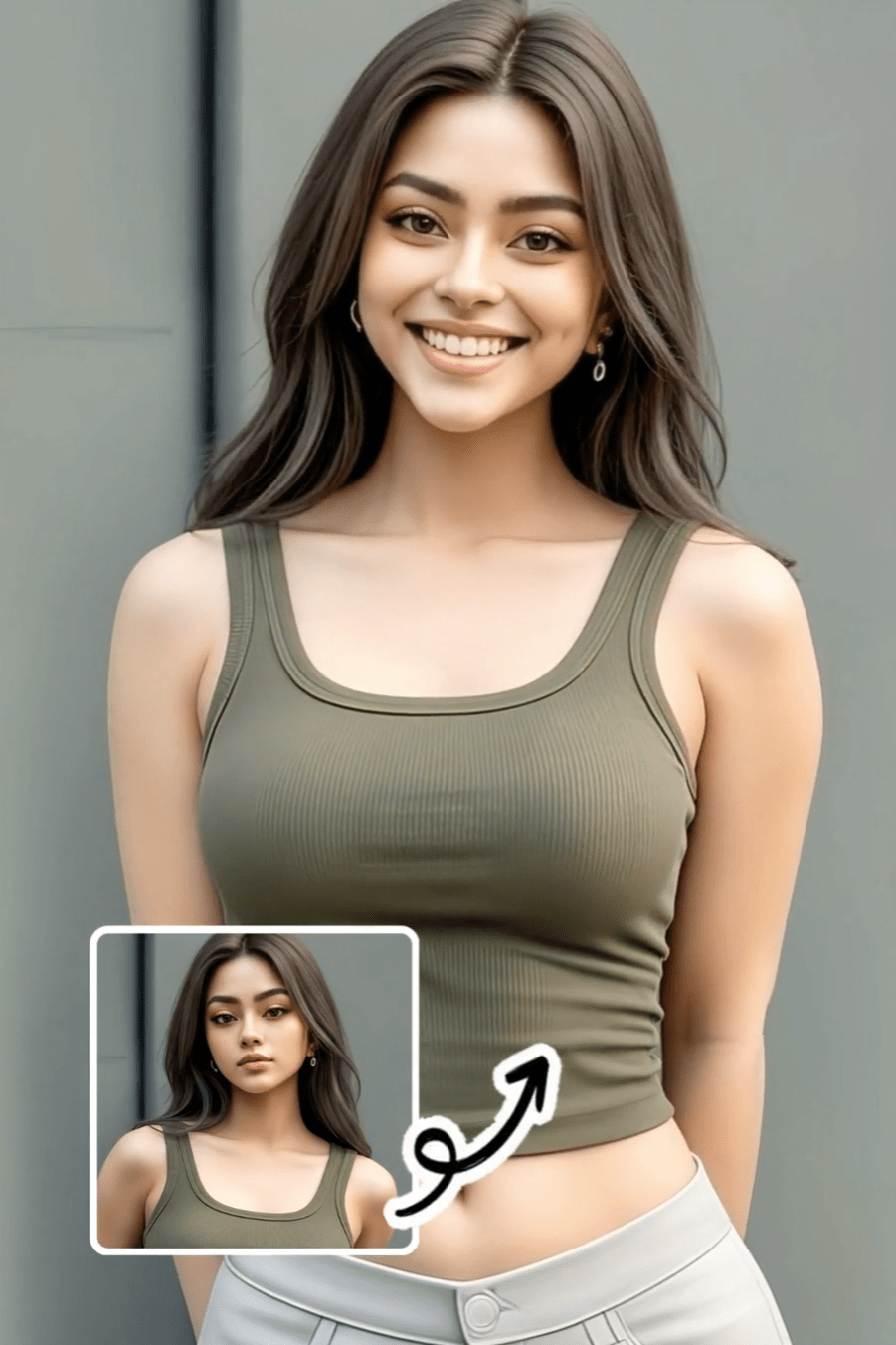 KI-Influencerin mit dunklen Haaren lächelt in die Kamera