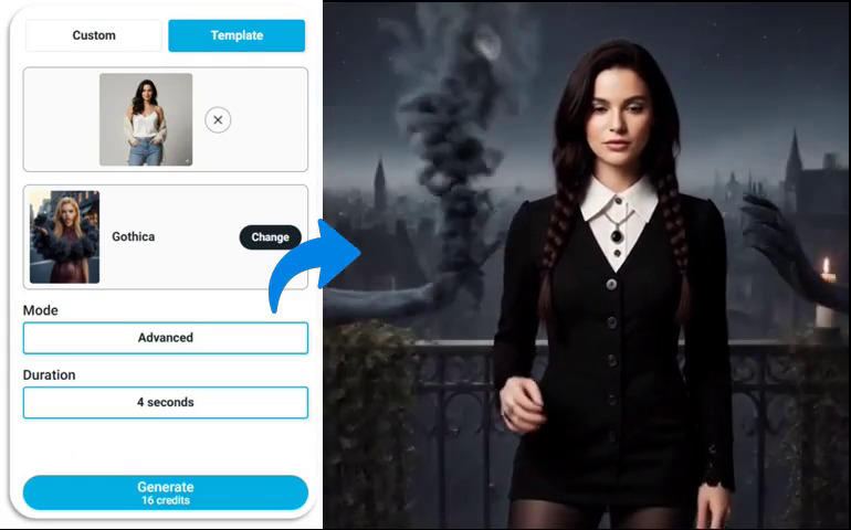Before and after video of turning a photo into Wednesday style video using "Gothica" template