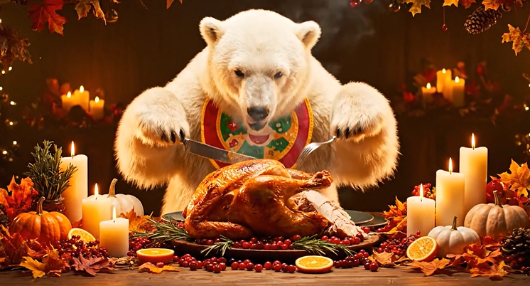 Polar bear celebrating Thanksgiving, sitting at a festive table with candles, pumpkins, and autumn leaves, about to carve a golden roast turkey.