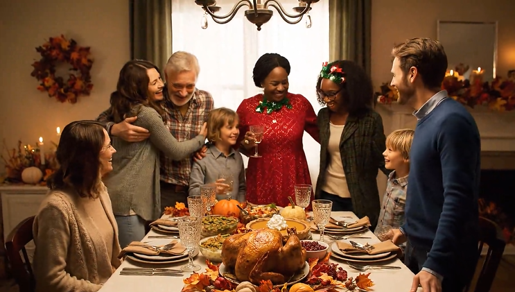 Family celebrating Thanksgiving dinner together, smiling around a festive table with turkey, pumpkins, and autumn decorations in a warm, cozy home.