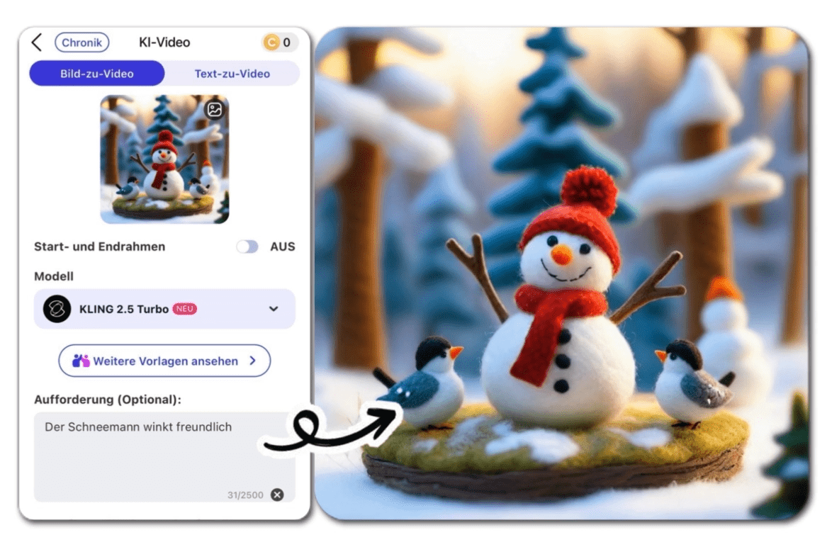 Benutzeroberfläche von YouCam AI Pro zeigt, wie man ein Bild eines Schneemanns animiert. Im Ergebnis winkt er in die Kamera.