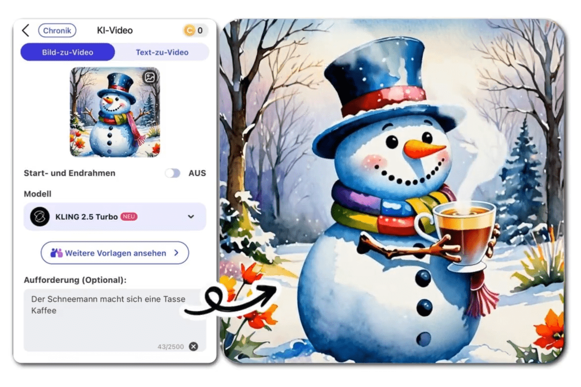 Benutzeroberfläche von YouCam AI Pro, die zeigt, wie man ein Bild eines Schneemanns animiert, der eine Tasse Kaffee trinkt.