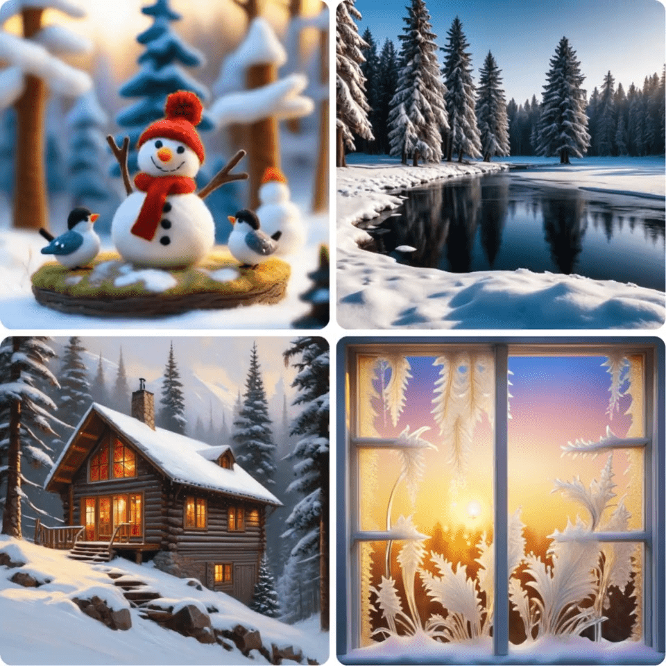 Winterbilder in verschiedenen Motiven mit Schneemann, Winterlandschaft, Berghütte und Fenster mit Eisblumen.