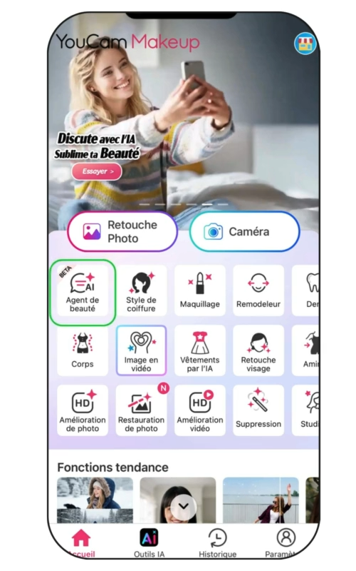 Cliquez sur l'Agent de Beauté IA pour importer votre photo
