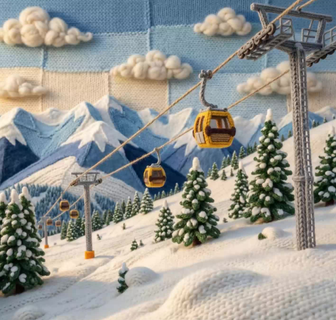 “Create a video about a cozy knitted mountain landscape with a cable car moving across snowy crochet peaks, soft yarn trees, handcrafted wool clouds, warm winter colors, detailed knitting patterns on the cable car, gentle handmade texture, dreamy knitted world aesthetic.”