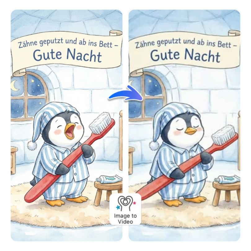 Animierter Clip von einem Pinguin im Pyjama mit Zahnbürste