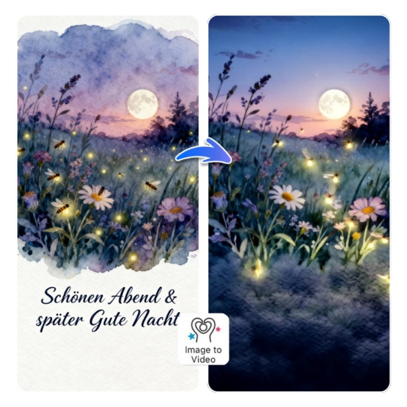 Animierte Blumenwiese bei Dämmerung mit Glühwürmchen