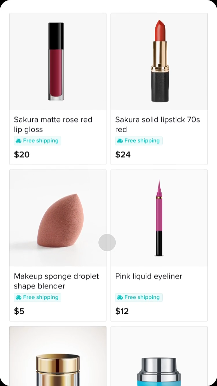 Vídeo do TikTok Shop mostrando vários cosméticos com fundo branco.