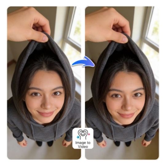 Not Cute Anymore Trend Vorher-Nachher: Frau in grauem Hoodie wird von oben an der Kapuze hochgehoben, Vogelperspektive mit Bild-zu-Video-Button