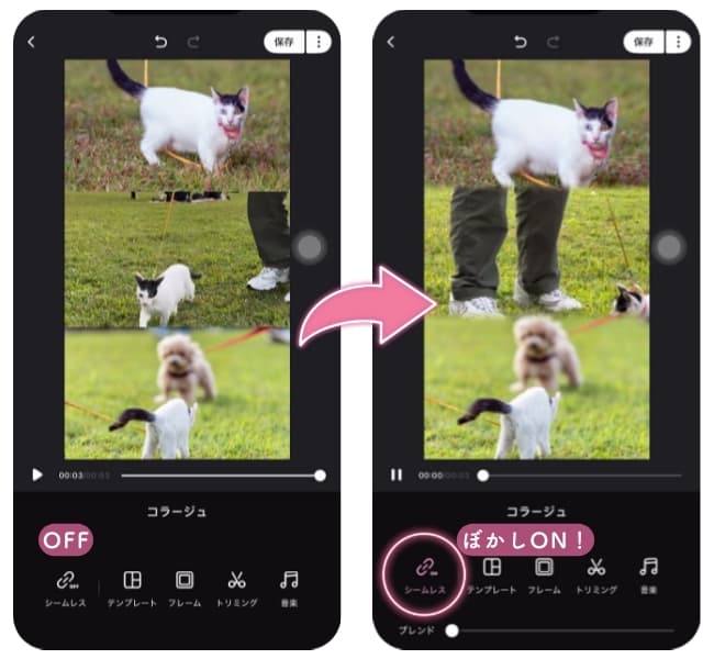 Winkで動画のぼかしコラージュをする様子