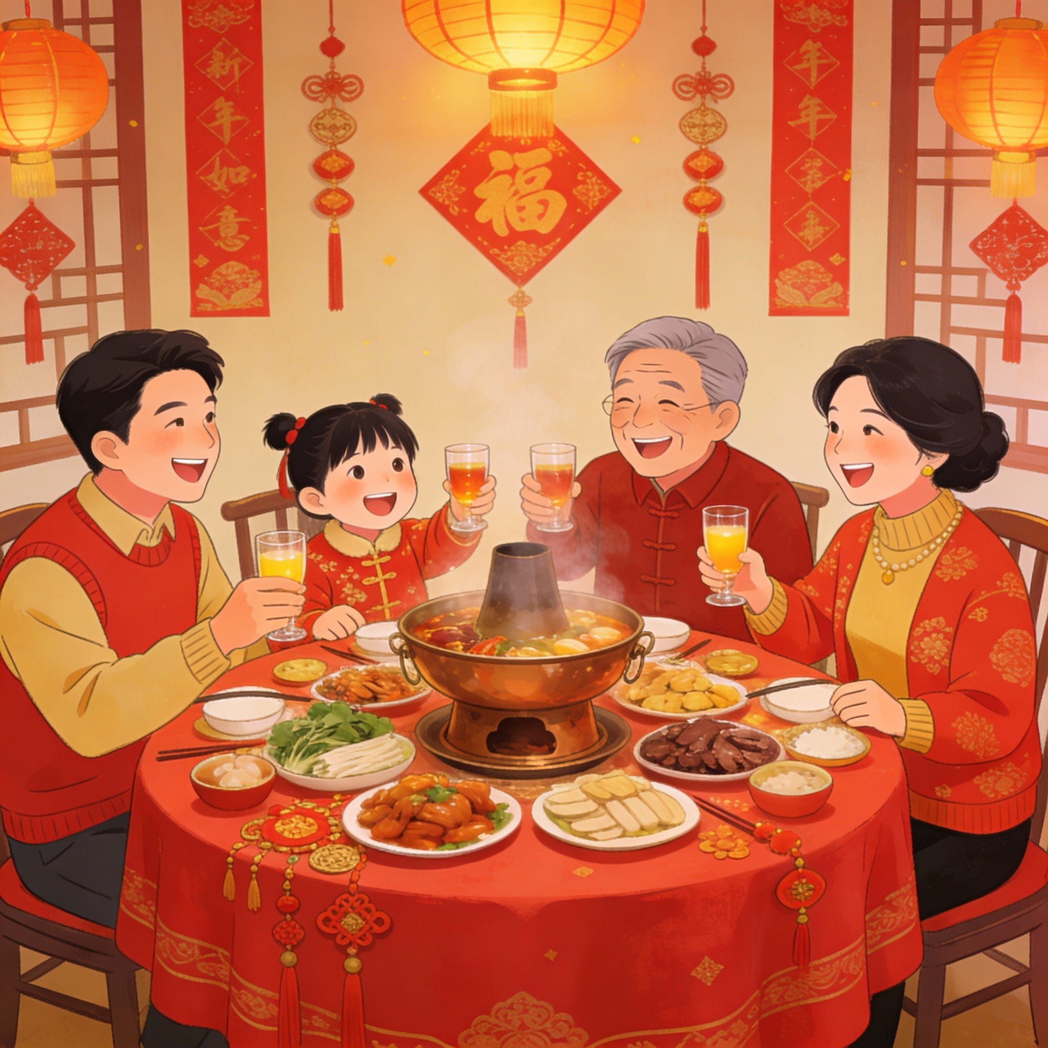 Family raising glasses for Chinese New Year toast animation