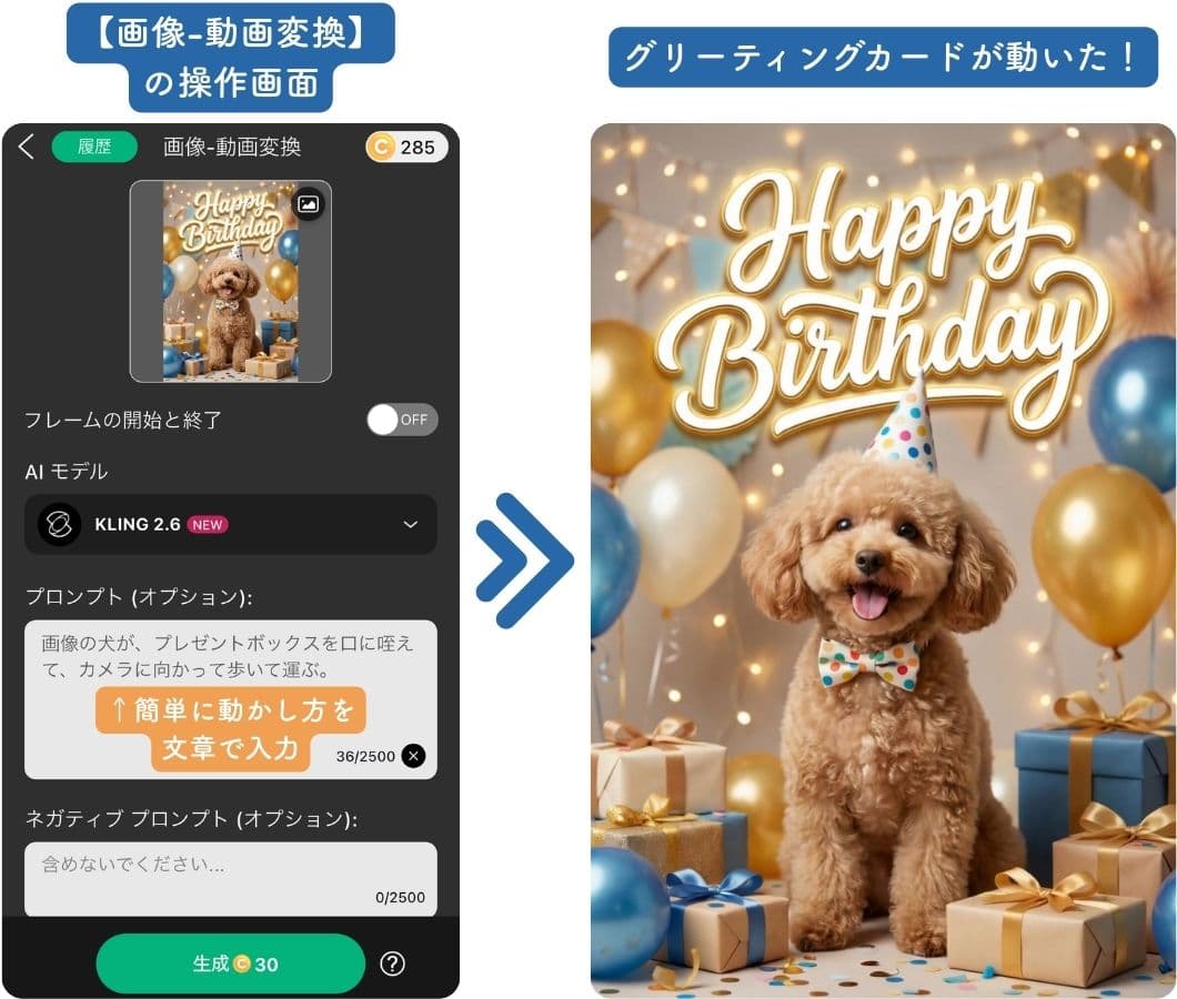 アプリで動かした誕生日のグリーティングカード