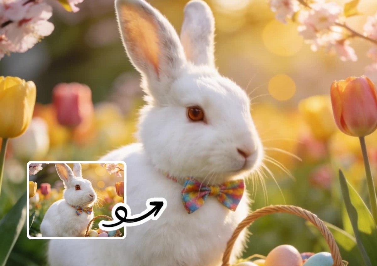 Fotorealistisches Nahaufnahme-Porträt eines weißen Osterhasen mit braunen Augen und bunter Schleife in einem Tulpen- und Kirschblütengarten