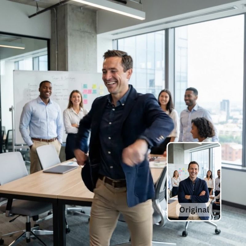 Chef tanzt ausgelassen im Büro vor dem Team – KI-animiertes Video-Standbild