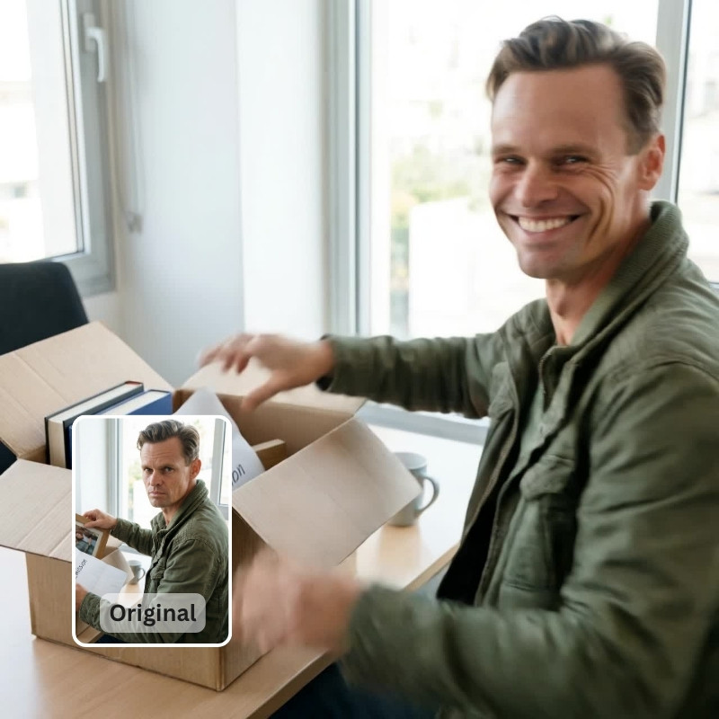 Mann mit Umzugskartons – KI-Vorher-Nachher, wirkt wie Büroauszug / Kündigung