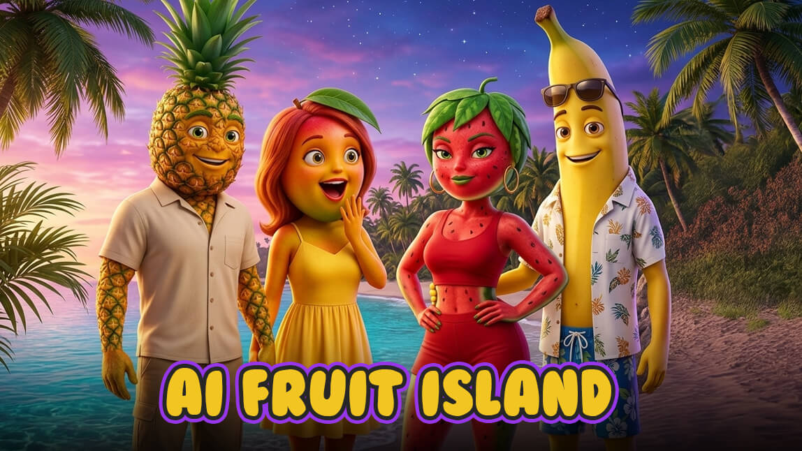 Animação de frutas com braços e pernas, representando a trend da Ilha das Frutas