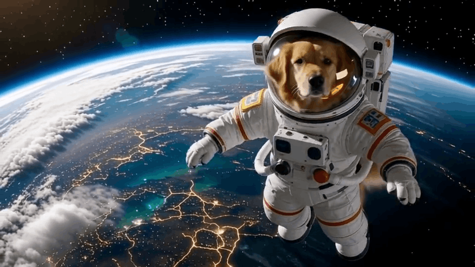 Ein mit YouCam AI Pro KI-generiertes Video eines Hundes im Weltall.