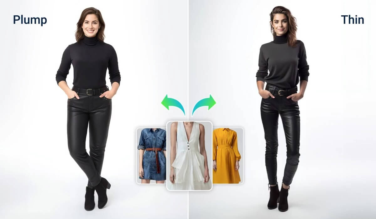 Two women with different body types using AI virtual try-on to test dress variations