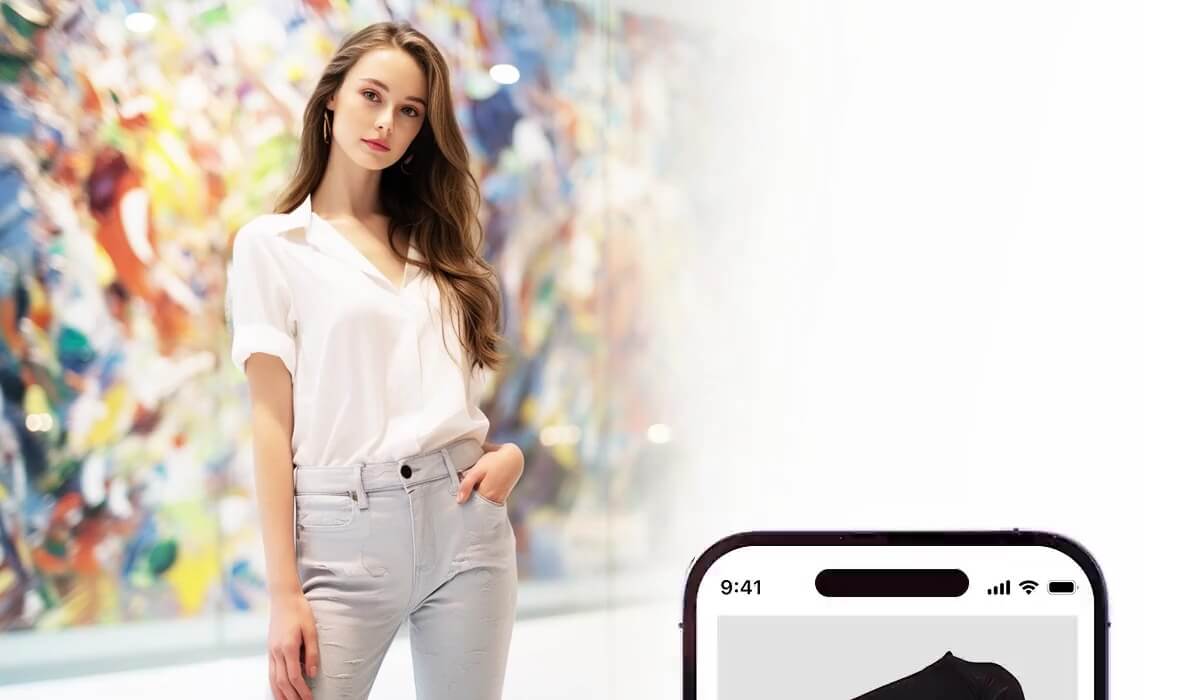 Side-by-side comparison of real model in green suit and matching virtual outfit displayed on mobile phone screen