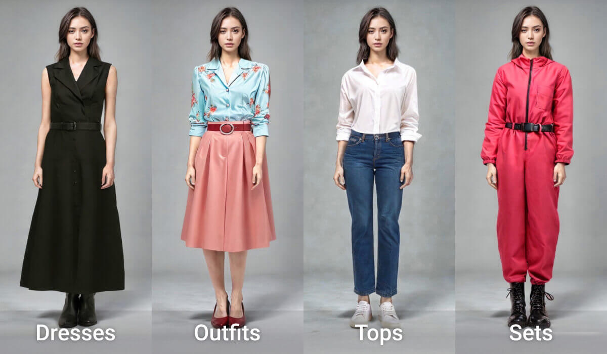 Side-by-side comparison of models in different clothes powered by virtual outfit AI