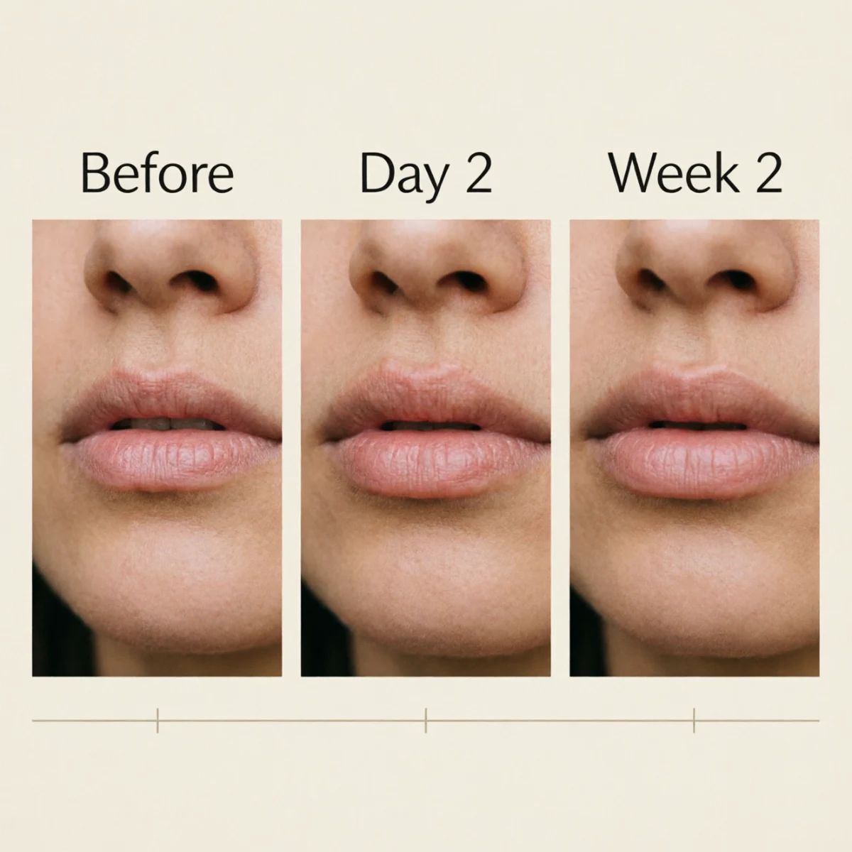 Lip filler before and after timeline from day 1 to two weeks