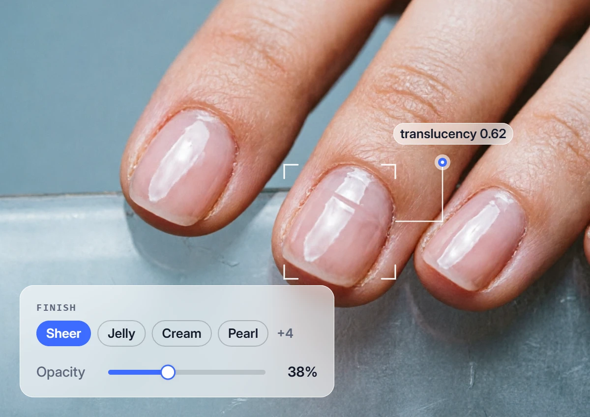 Finish and opacity controls for rendering a milk nail shade