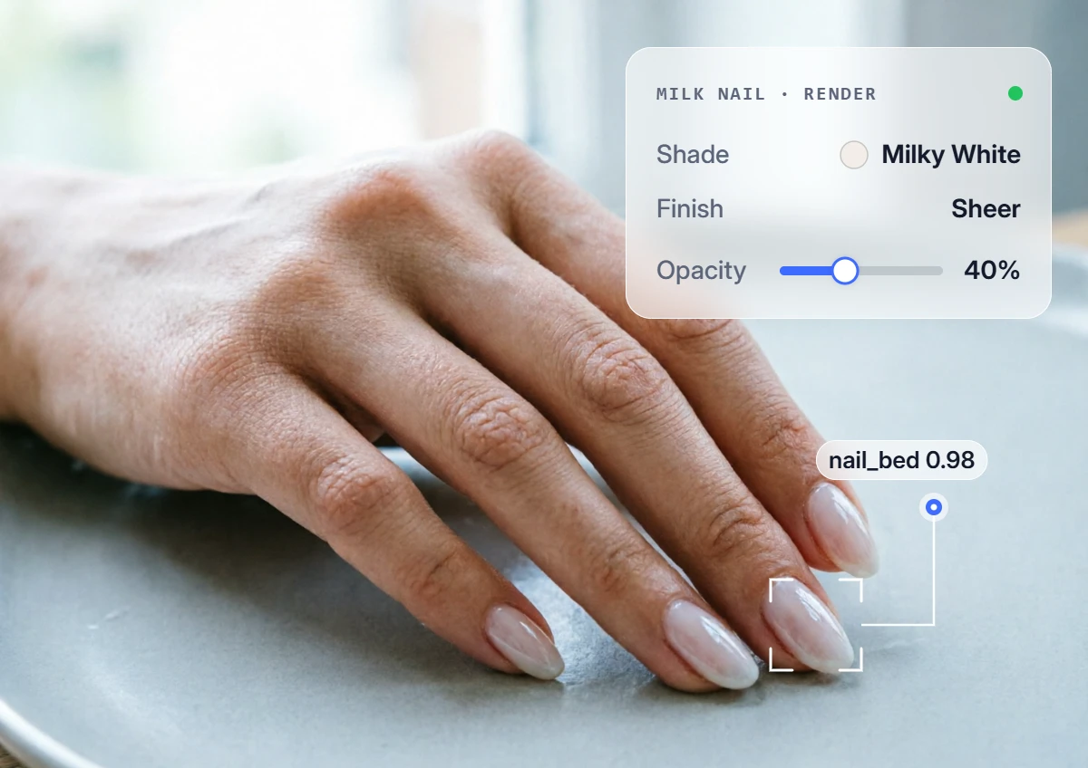 Milk nail trend rendered on a hand photo using the YouCam nail API